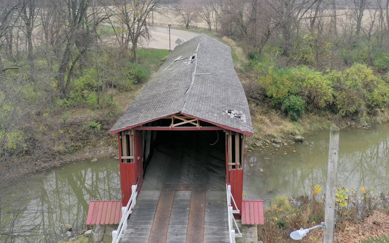 An aerial photo of the Red Covered Bridge on Monday, Nov. 18, 2024 in Princeton. On Nov. 16, 2023, a semi truck caused severe structural damage on much of the 149-foot bridge that was built in 1863.