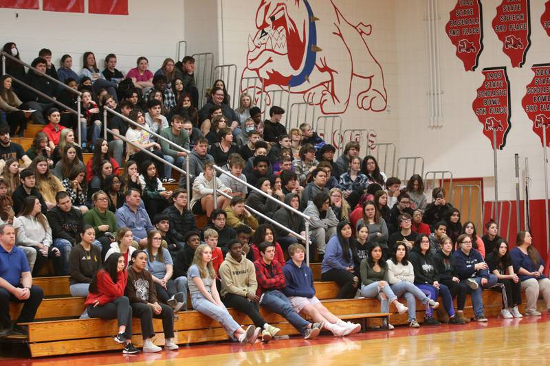 Streator and Woodland students listen to former NBA player and motivational speaker Chris Herrin as he talks about substance abuse on Wednesday, March 1, 2023 at Streator High School. Herrin battled substance abuse during his time as a college basketball player, international leagues and in the NBA.