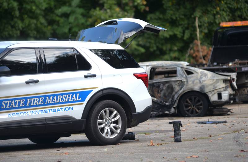 Dixon Rural firefighters and Lee County deputies investigated a vehicle explosion in a parking lot at Lowell Park, north of Dixon, on the morning of Thursday, Sept. 28, 2023. One person was found deceased in the driver's seat. Officials from the state fire marshal's office and the ATF also were called to the scene.