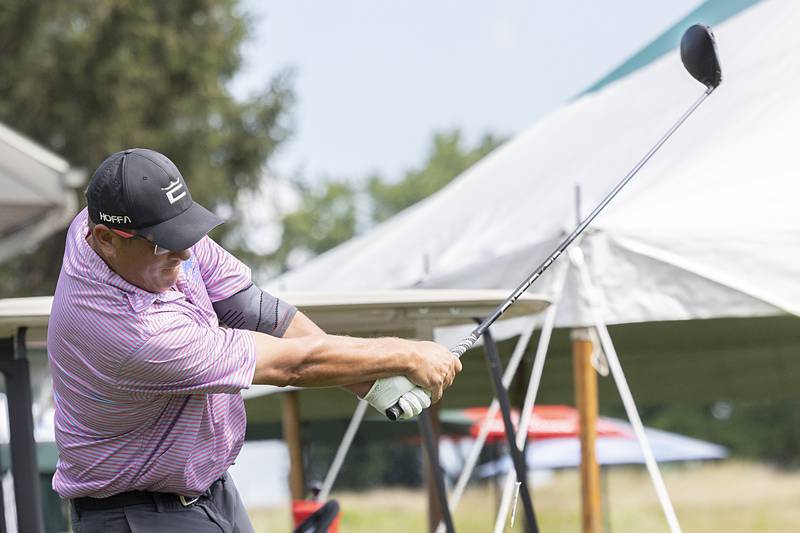 Luke Hoffman drives off the tee on #1 Sunday, July 21, 2024 during the final round of the 102nd Lincoln Highway golf tournament. The tournament was held at Emerald Hill in Sterling.