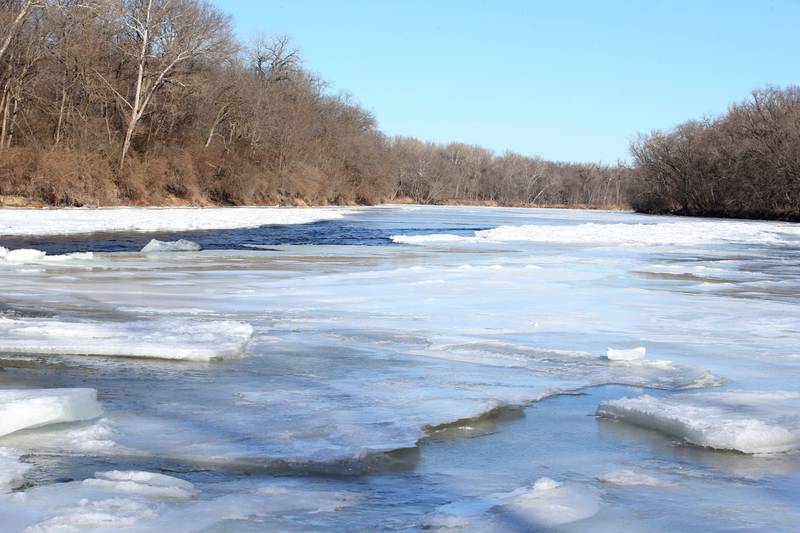 Large chunks of ice float along the Fox River during a training mission with Conservation Police on Monday, Jan. 27, 2025 near Ottawa.