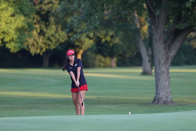 Bradley-Bourbonnais' Liv Contreras putts during the Boilermakers' 219-235 victory over Bishop McNamara in the All-City matchup at the Kankakee Elks Country Club on Thursday, Aug. 28, 2025.