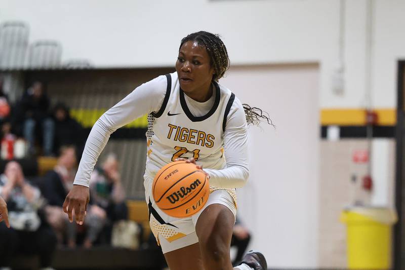 Joliet West’s Jada Thompson makes a move against Butler College Prep on Tuesday, Dec. 16, 2025 in Joliet.
