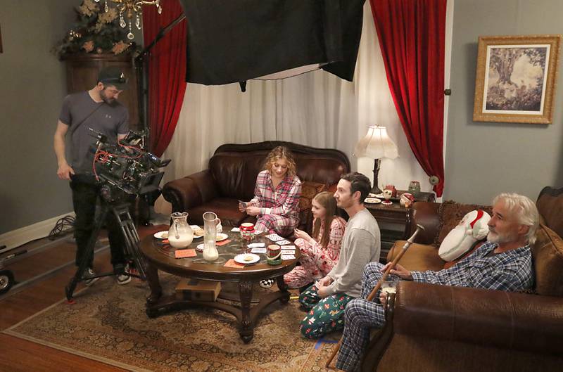 A scene for the “Exes of Christmas Past,” is filmed on Friday April 25, 2025, at the Cherry Tree Inn in Woodstock.