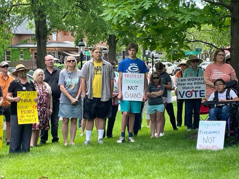 A crowd listens to speakers at a rally in Geneva Saturday for more gun safety laws.