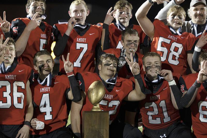 The Amboy Clippers celebrate their win over Milledgeville Friday, Nov. 22, 2024, during the 8-man football championship in Monmouth.