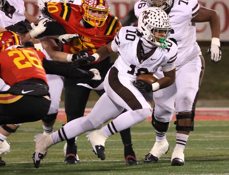 Mt. Carmel's Danyil Taylor, Jr. finds running room in the Batavia defense during their Class 8A state championship game Saturday, Nov. 30, 2024, in Hancock Stadium at Illinois State University in Normal.