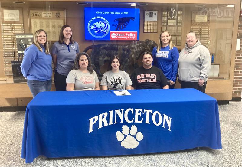 Princeton senior Olivia Gartin signed to play basketball for Sauk Valley College. She was joined at her sighting by her parents (front row), Martha and Brandon; and (back row) former PHS coaches Abbi Bosnich and Tiffany Gonigam, PHS head coach Darci Kepner and Sauk coach Julie Schroeder-Renz.
