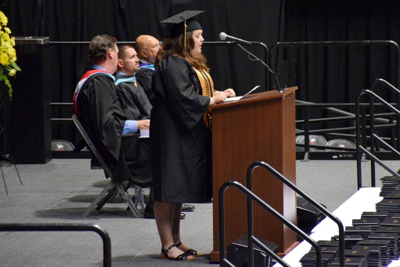 Sycamore High School's Class of 2022 Student Speaker Malarie Kae O'Sullivan addresses the crowd during the commencement ceremony, held Sunday, May 22, 2022 at Northern Illinois University's Convocation Center in DeKalb.