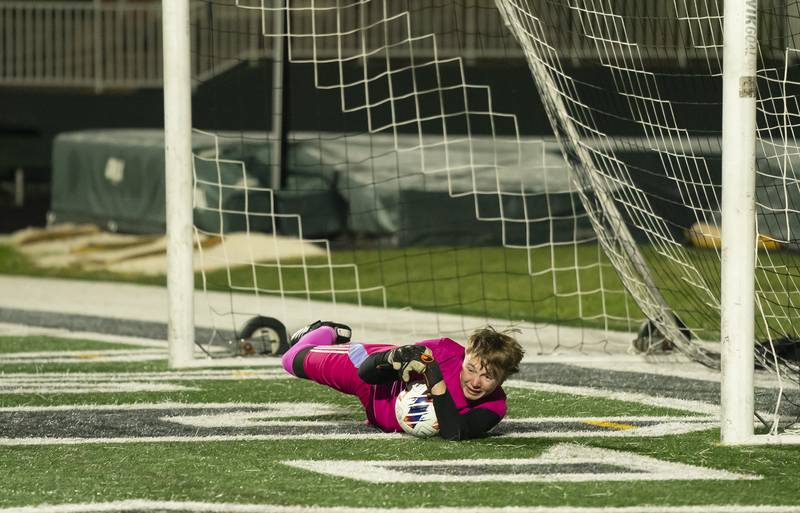 Prairie Ridge goalkeeper Christopher Zinevich makes the winning save against Wauconda in penalty kicks during the Class 2A Boys Soccer Sectional final on Friday, November 1, 2024 at Grayslake Central High School. Ryan Rayburn for Shaw Local