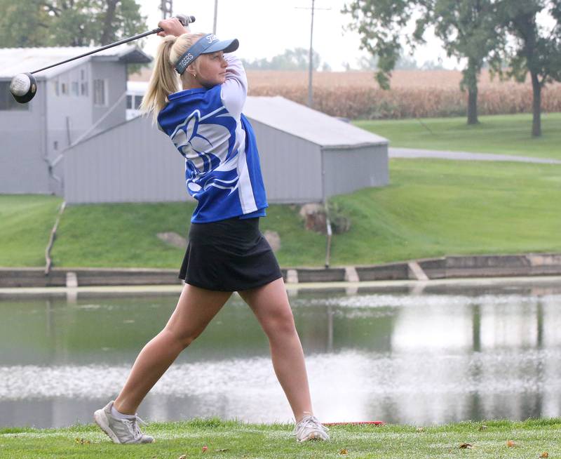 Princeton's Ava Morton tees off during the Class 1A Regional golf meet on Thursday, Sept. 28, 2023 at Spring Creek Golf Course in Spring Valley.