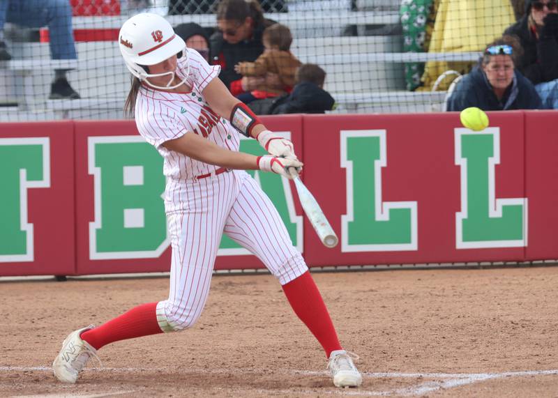 L-P's Anna Riva smacks a two-run home run against Ottawa on Wednesday, April 29, 2026 at the L-P Athletic Complex in La Salle.