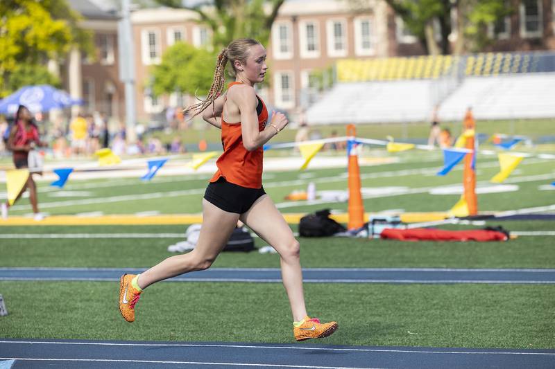 Sandwich’s Sundara Weber scorches the field in the 3200 run Wednesday, May 14, 2025, during Sectionals at Sterling High School.