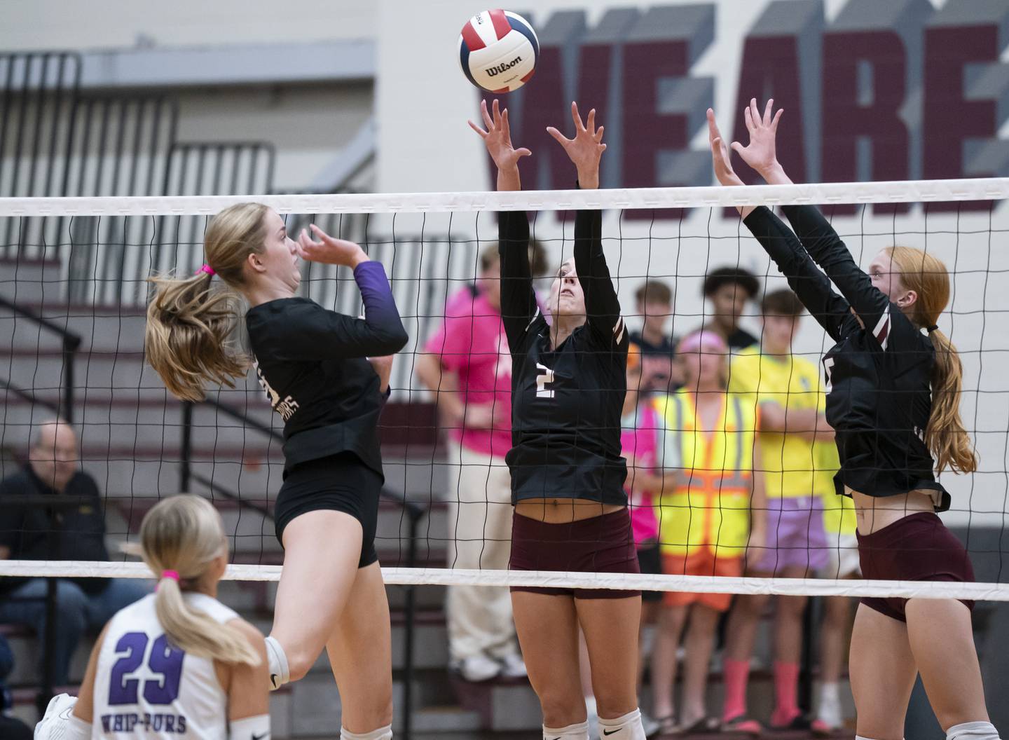 Prairie Ridge's Addi Smith, center, and Sonora Bekere, block a shot from Hampshire's Anna Schiltz during their game on Thursday, October 2, 2025 at Prairie Ridge High School in Crystal Lake. Ryan Rayburn for Shaw Local