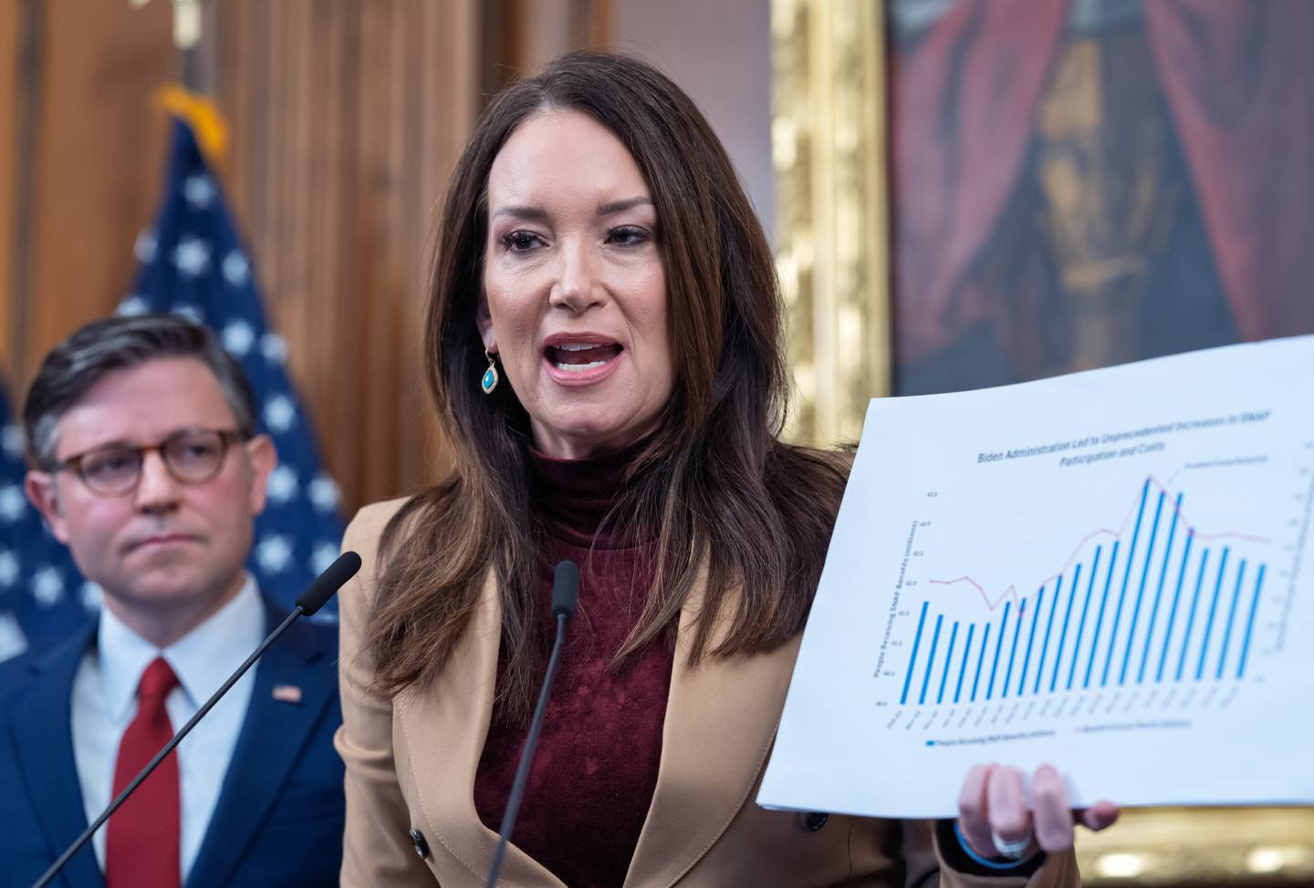 Secretary of Agriculture Brooke Rollins speaks alongside Speaker of the House Mike Johnson, R-La., at a news conference to talk about SNAP food aid benefits on day 31 of the government shutdown, at the Capitol in Washington, Friday, Oct. 31, 2025. (AP Photo/J. Scott Applewhite)