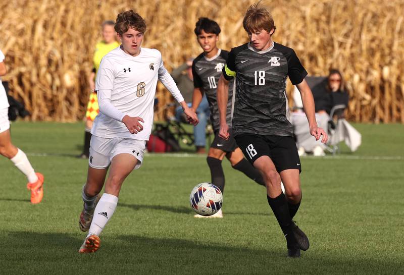 Sycamore's Tyler Hiland (left) and Kaneland's Matthew Mitchinson go after the ball during their game Monday, Oct. 7, 2024, at Kaneland High School in Maple Park.