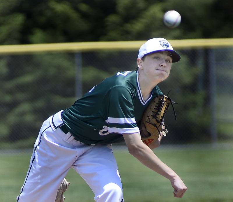 St Bede starting pitcher Alex Ankiewicz let's go with a pitch against Marquette on Saturday, May 20, 2023 at Masinelli Field in Ottawa.
