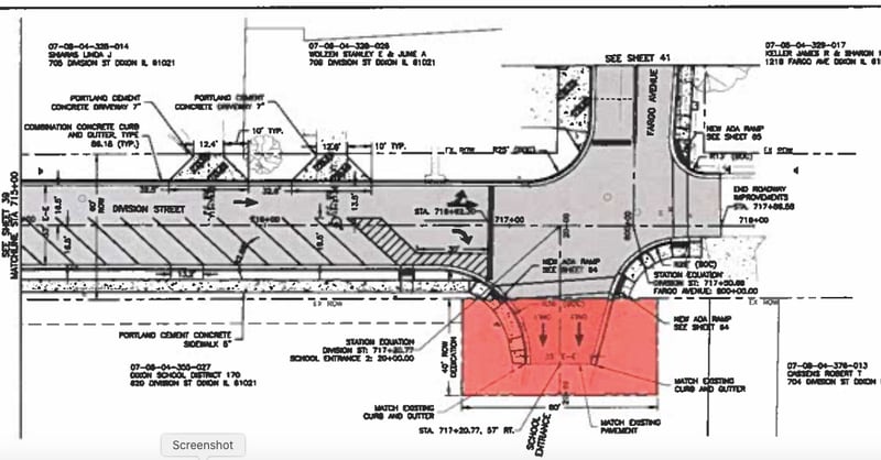 Diagram from Fehr Graham showing Galena Avenue and various sidewalk improvements being implemented as part of Safe Routes to School in Dixon.