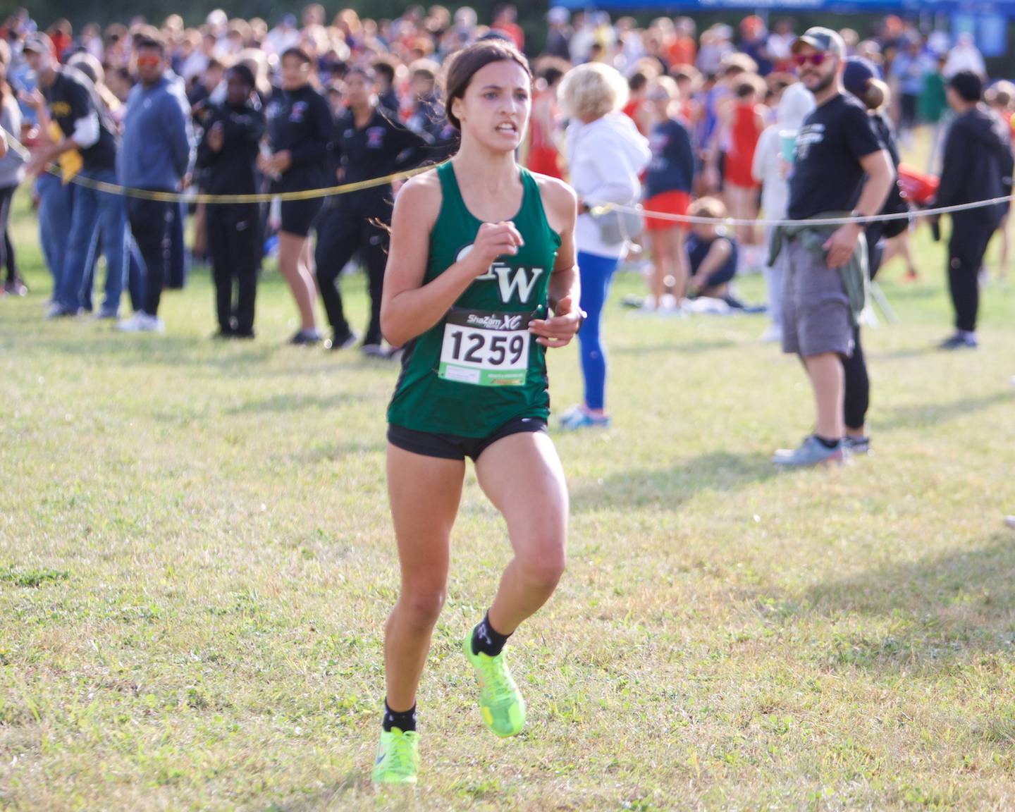 Glenbard West's Shayne Dietzen heads for the finish line at the St. Charles North Cross Country Invitational on Saturday, Oct. 5,2024 AT LeRoy Oaks Forest Preserve in St. Charles.