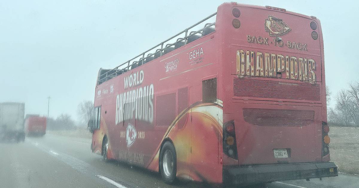 Buses used in Kansas City Chiefs celebration spotted on Interstate 80 in Bureau County