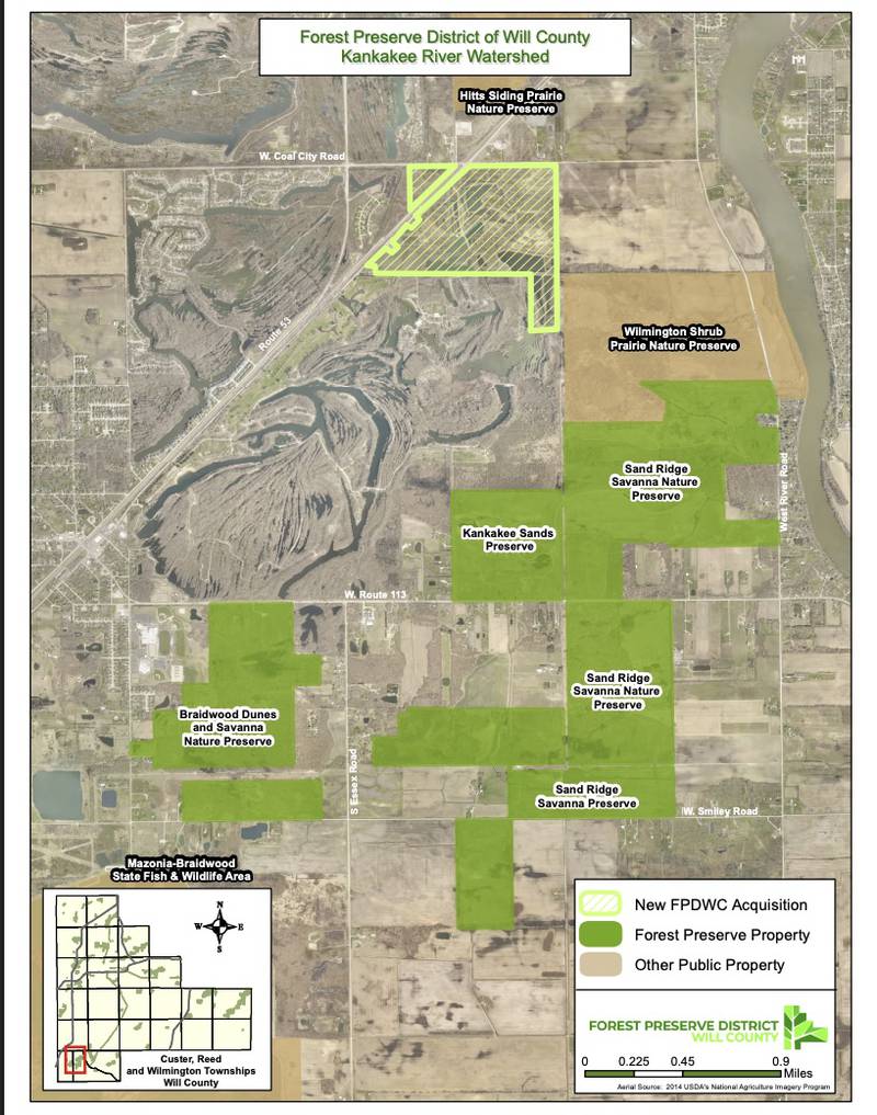 This map shows the location of the Forest Preserve District of Will County’s recently acquired parcel of land in Custer Township. The 241-acquisition is part of the District’s 2025-2030 Capital Improvement Program.