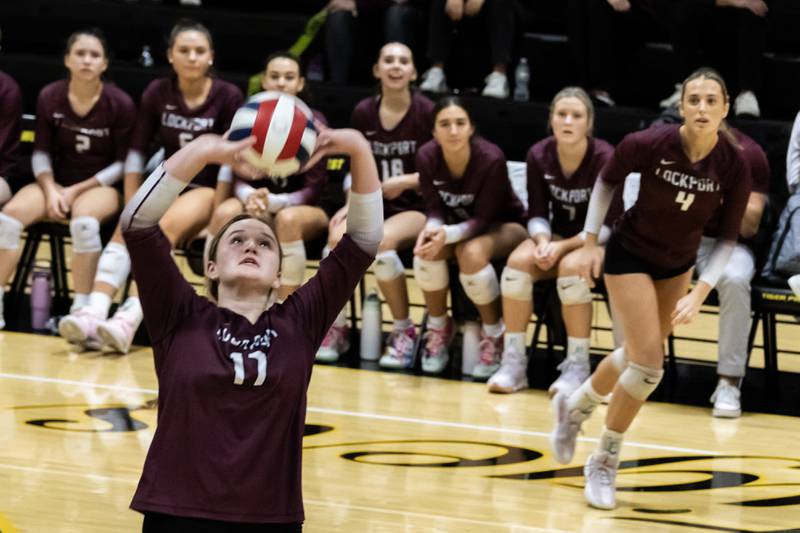 Lockport's Bridget Ferriter sets-up a teammate during a 4A girls varsity volleyball sectional against Waubonsie Valley at Joliet West on Nov. 4, 2025.