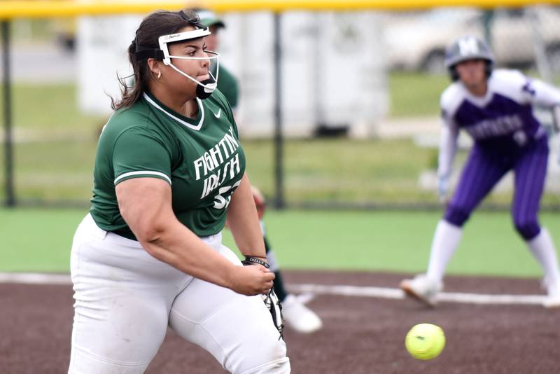 Bishop McNamara's Victoria Torres throws a pitch during the Class 2A Coal City Regional semifinals against Manteno Wednesday, May 21, 2025.