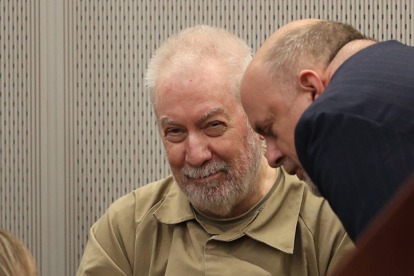 Drew Peterson talks with his attorney Jason Strzelecki at the Will County courthouse on Monday, April 1, 2024 in Joliet.
