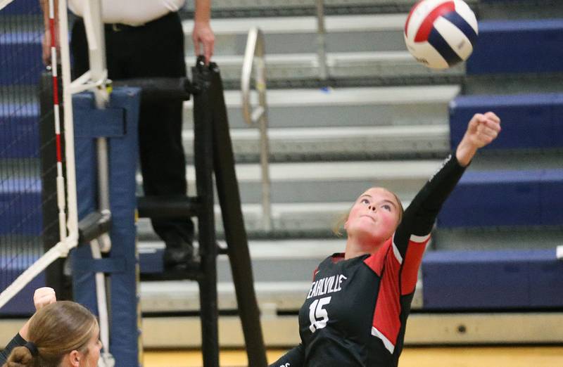 Earlville's Audrey Scherer keeps the ball alive during the Class 1A Regional semifinals on Monday, Oct. 27, 2025 at Somonauk High School.