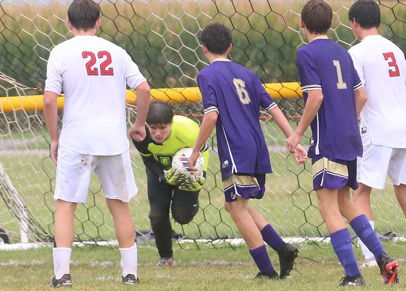 Earlville keeper Landen Tirevold, makes a stop in front of the goal post against Serena on Wednesday, Sept. 3, 2025 at Serena High School.