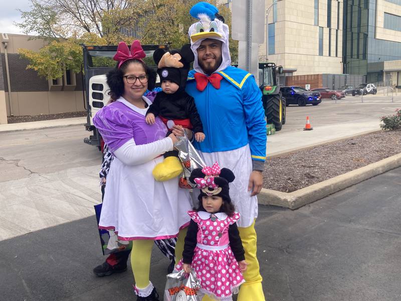 Stephanie and Ramon Quiroz with their children Adriel and Aria dressed as Mickey Mouse and friends at the Joliet Police Department's Trunk-or-Treat event. 
Saturday, Oct. 25, 2025.
