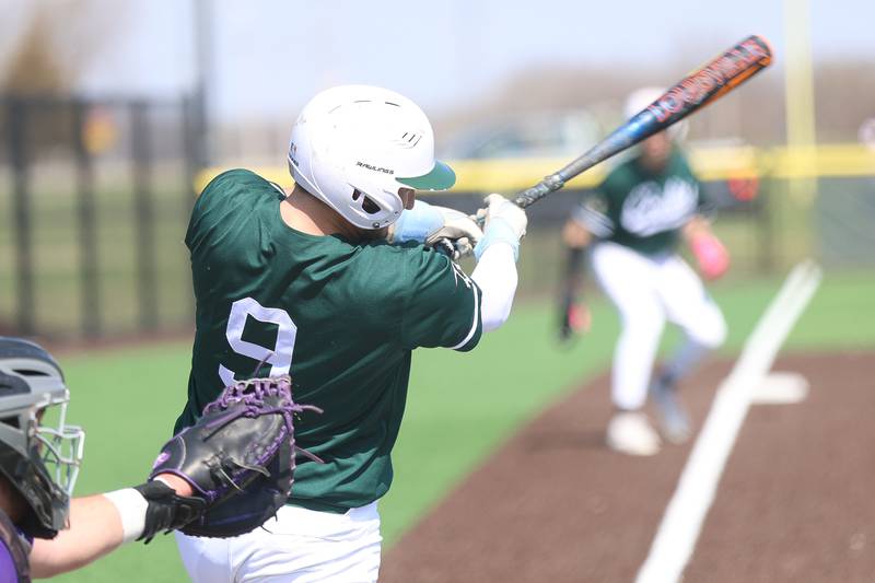 Coal City’s Drake Stewart drives in a run against Wilmington on Monday, March 30, 2026 in Coal City.