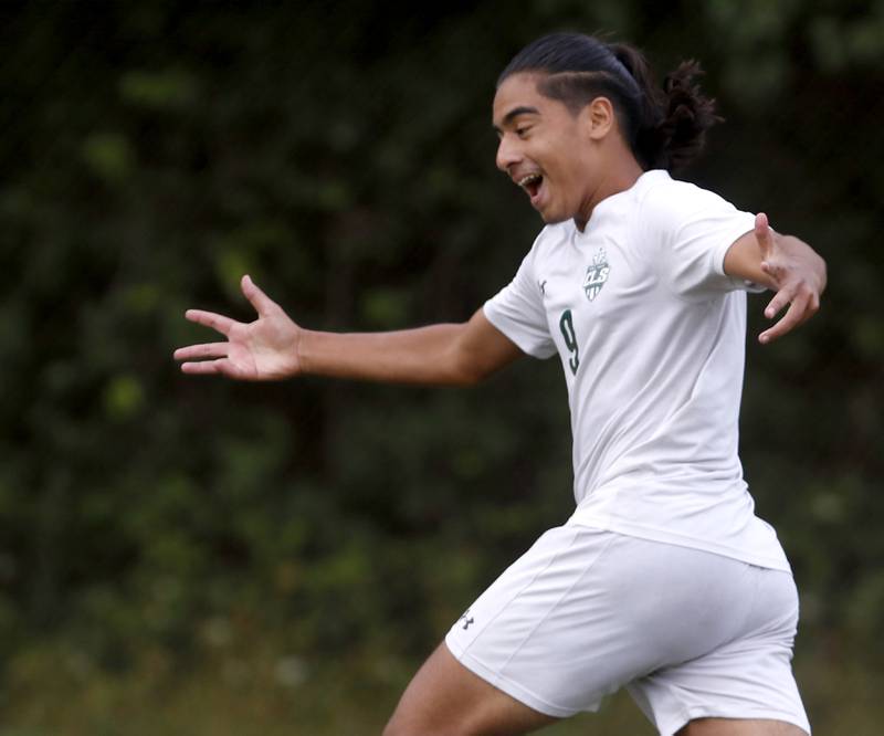 Crystal Lake South's Ali Ahmed celebrates his goal during a Fox Valley Conference soccer match against Dundee-Crown Tuesday, Sept. 5, 2023, at Dundee-Crown High School in Carpentersville.