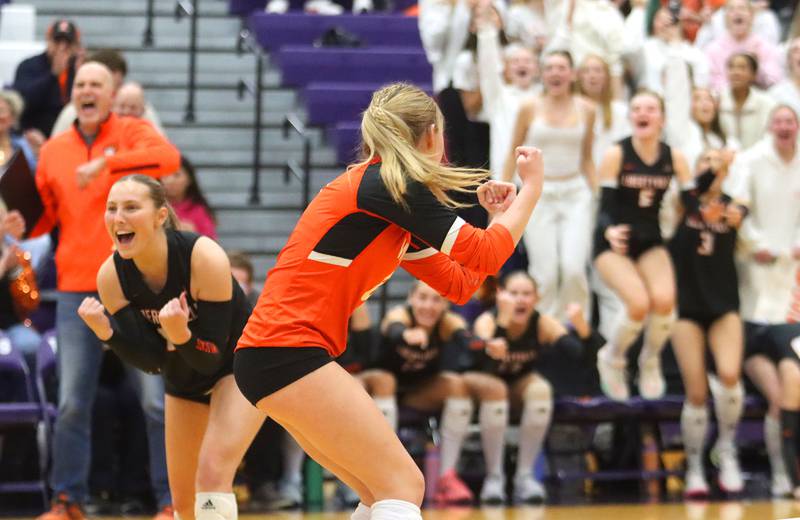 Libertyville’s Wildcats celebrate a two-set win in an IHSA volleyball Class 4A Sectional Championship at Hampshire High School in Hampshire on Thursday, November 6, 2025.