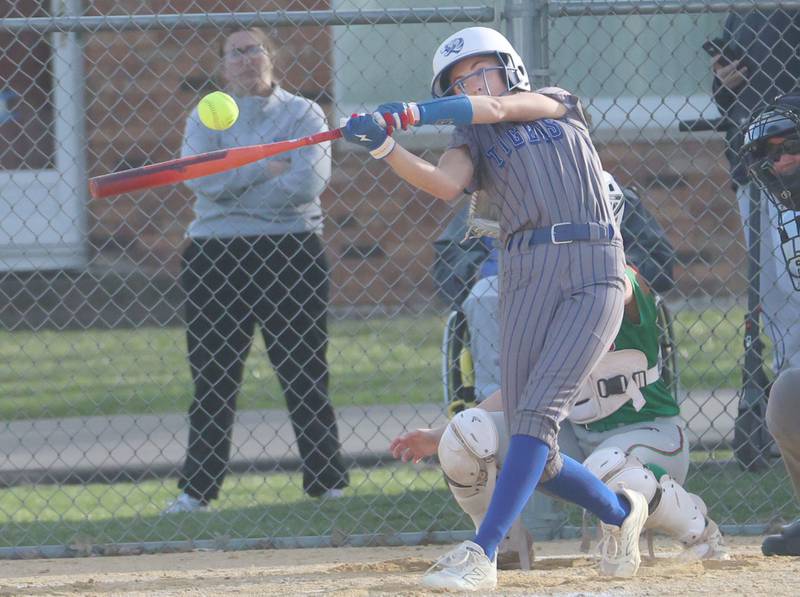 Princeton's Kiyrra Morris makes contact with the ball against L-P on Tuesday, March 24, 2026 at Little Sibera Field in Princeton.