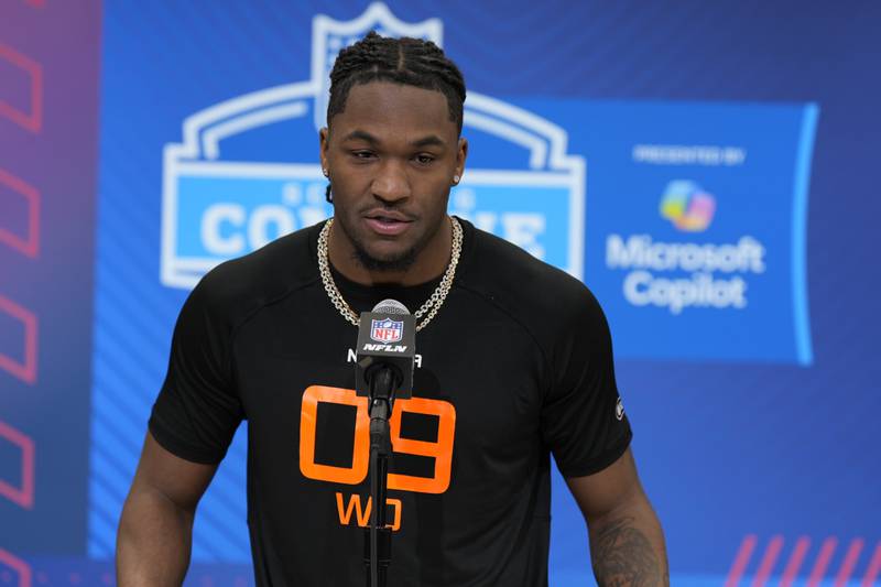Missouri wide receiver Luther Burden III speaks during a press conference at the NFL football scouting combine Friday, Feb. 28, 2025, in Indianapolis. (AP Photo/George Walker IV)