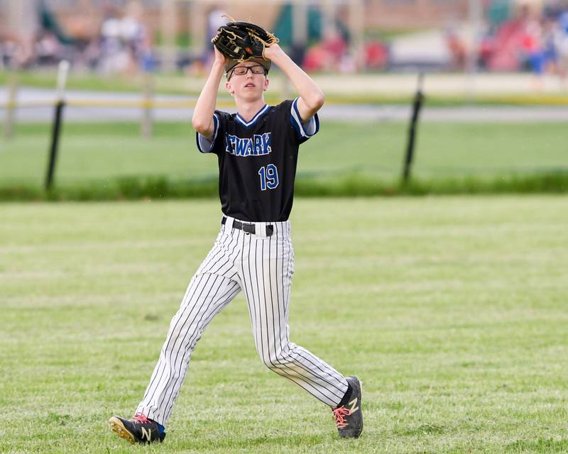 Newark's David Ulrich (19) catches the ball for an out during the game on Tuesday May 13, 2025, while traveling to take on Somonauk High School.