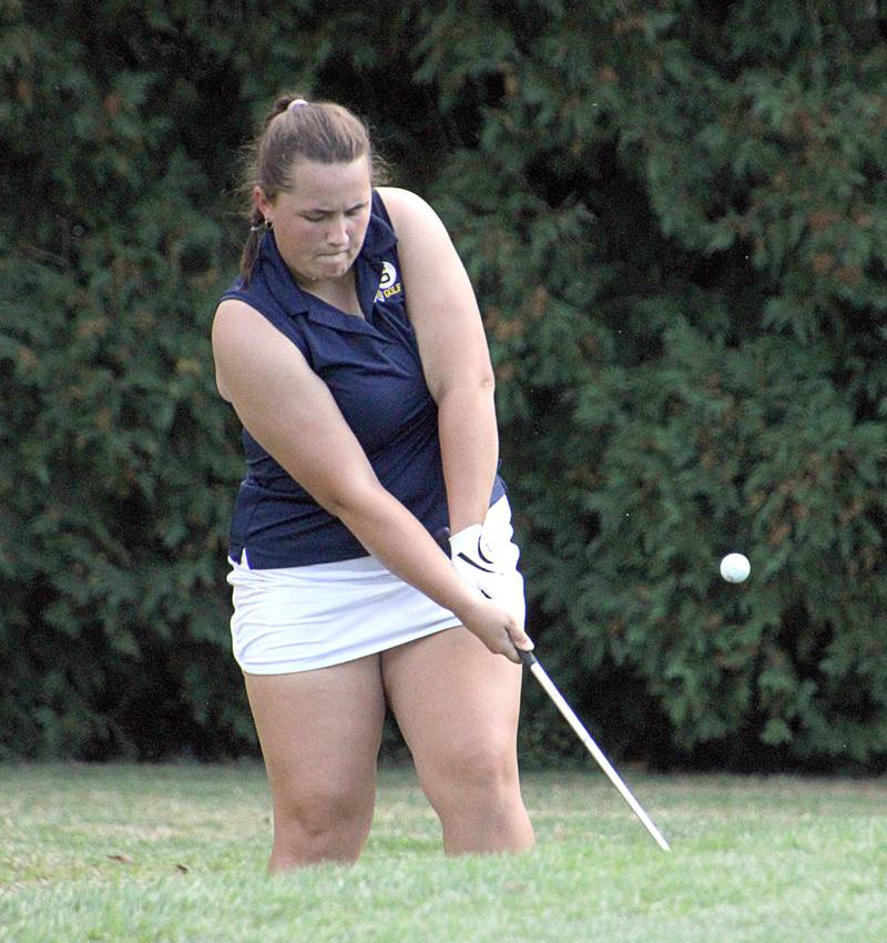Sterling's Emily Schwingle competes at the Western Big 6 Conference golf meet on Wednesday, Sept. 25 in Quincy. She took fifth individually.