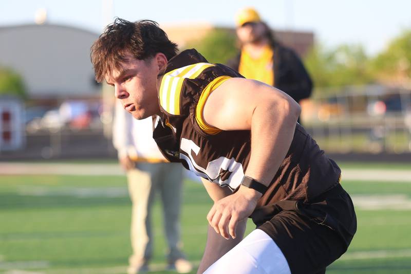 Joliet Catholic’s Derrick Pomatto runs a drill at the IHSA Southwest Suburb Showcase combine on Thursday, May 7, 2026 at Plainfield North High School.