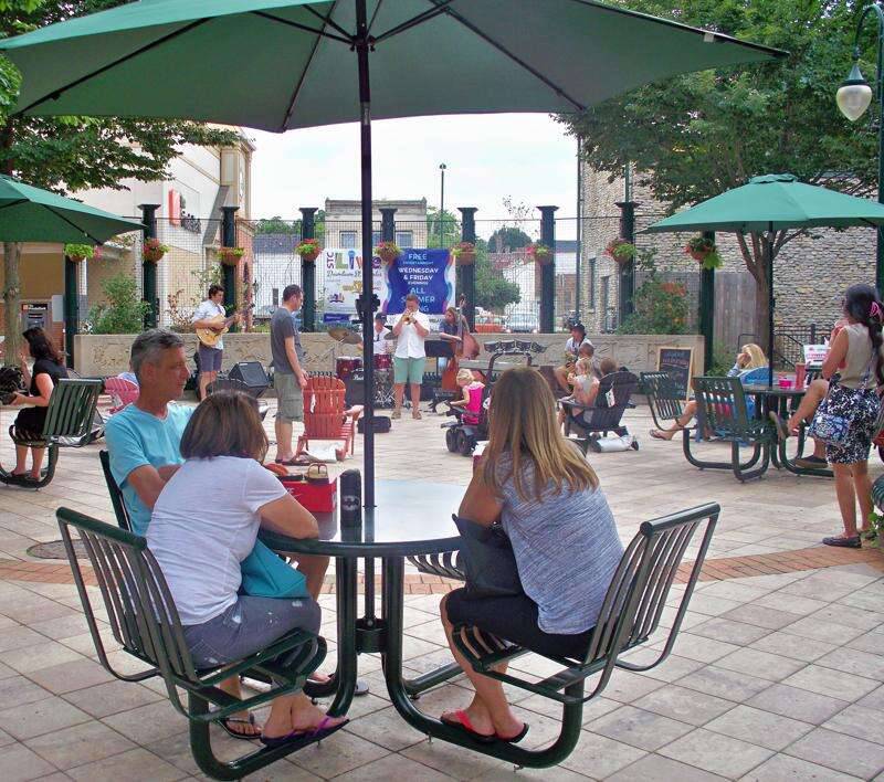 In St. Charles, the city’s First Street Plaza redevelopment created a space for outdoor dining.