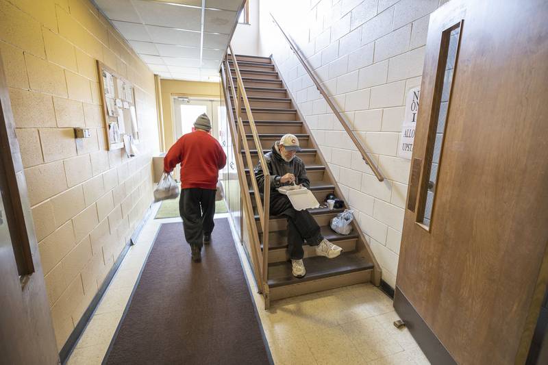 Barry Pettorini finds a place to enjoy Wednesday’s french toast at First United Methodist Church. The menu changes daily with Pettorini’s favorite being the sausage gravy and biscuits served on Thursday.
