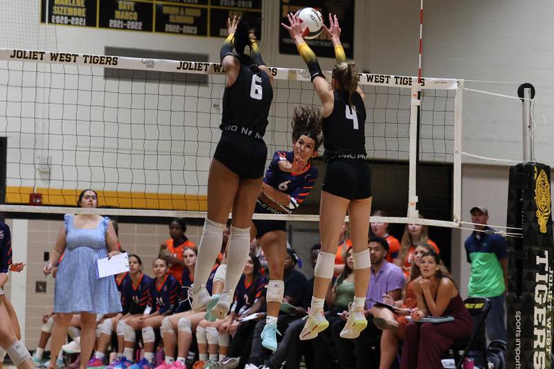 Romeoville’s Lianna Ortiz powers a shot against Joliet West on Thursday, Sept. 5, 2024 in Joliet.