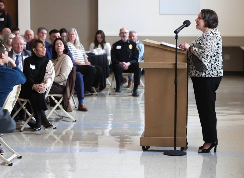 Nicole Patterson speaks after being introduced as the recipient of the Chamber Champion Award Thursday, March 5, 2026, during the Sycamore Chamber of Commerce Annual Meeting in Memorial Hall at St. Mary's Catholic Church in Sycamore.