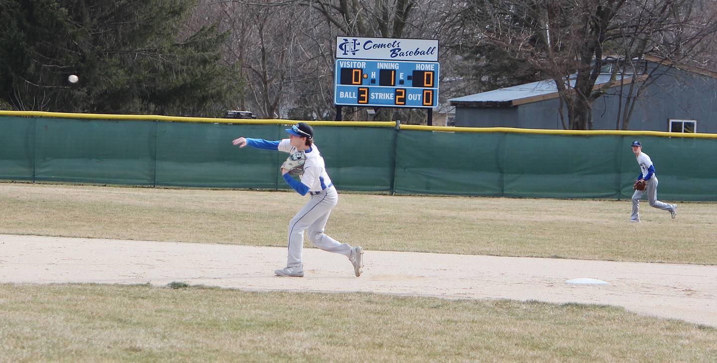 Newman's Nolan Britt throws to third base against Kewanee on Thursday, March 30, 2023 during their Three Rivers East game in Sterling.