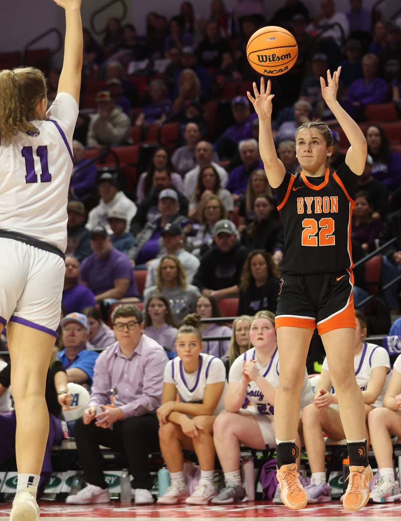 Byron's Aubrie Fuller lets go of a jump shot over Breese Central's Taylor Trame during the Class 2A title game on Saturday, March 7, 2026 at CEFCU Arena in Normal.