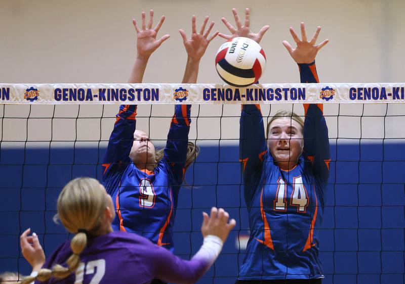 Genoa-Kingston's Annabelle Peters (left) and Keiragan Gleissner block the spike of Rochelle's Jillian Bruns Monday, Sept. 15, 2025, at Genoa-Kingston High School.