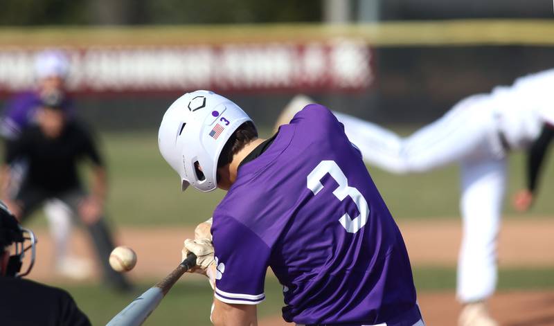 Hampshire’s Ari Fivelson connects for a single in varsity baseball on Wednesday, April 16, 2025, at Prairie Ridge High School in Crystal Lake.
