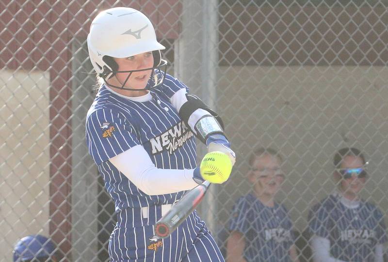 Newark's Cayla Pottinger smacks a hit against Earlville during the Class 1A Regional final on Thursday, May 22, 2025 at Indian Creek High School in Shabbona.