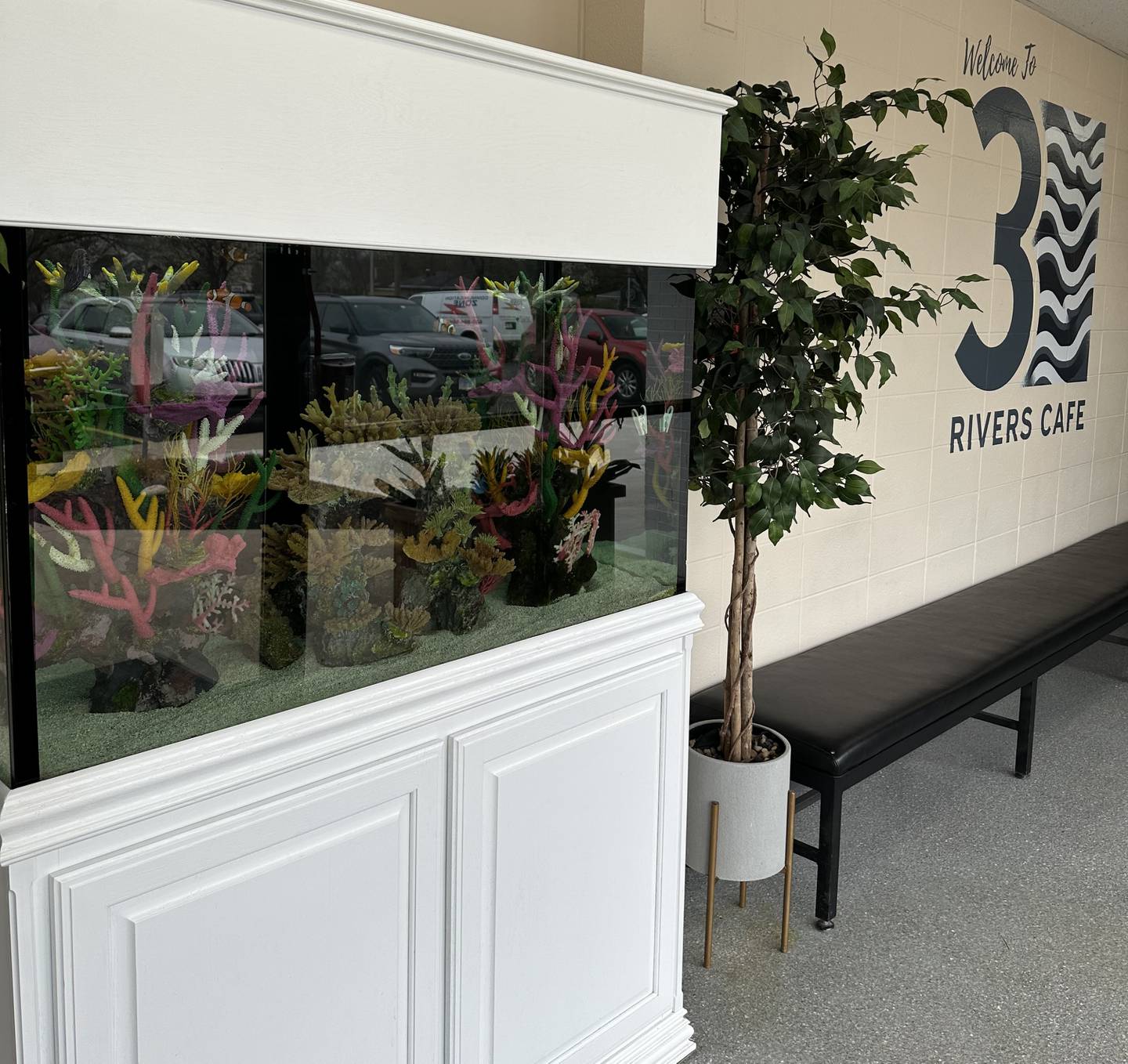 Saltwater fish tank in lobby. Newly opened in Channahon is the 3 Rivers Café. 2025
