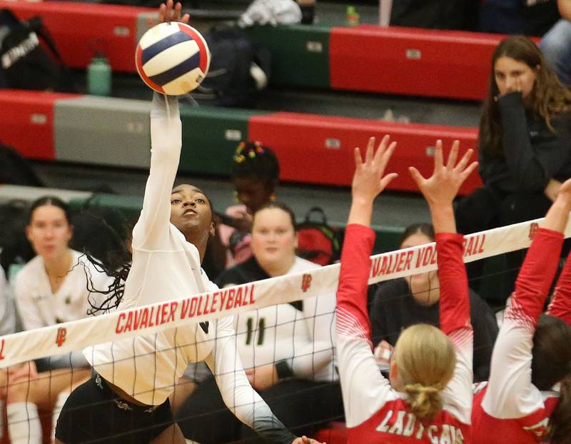Sycamore's Khiara Thomas sends a kill past L-P on Tuesday, Sept. 23, 2025 in Sellett Gymnasium at L-P High School.